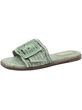Women's Green Breathable Square Toe Buckle Summer Beach Slides Flat Sandals